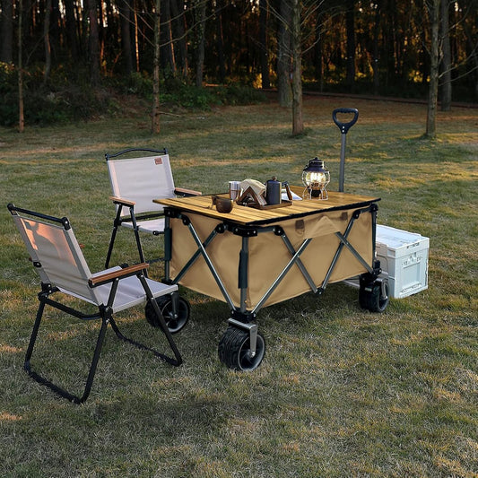 SENOSUR HOME Beach Wagon Carts Heavy Duty Foldable Collapsible with Folding Table Cargo Net Brown